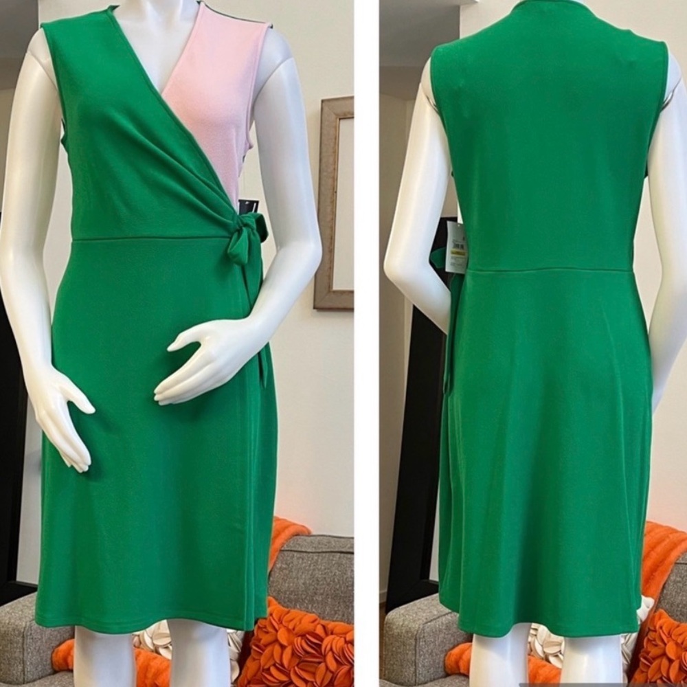 Kasper Pink&Green Coloblock Faux Wrap Sleeveless Dress - Excellent condition